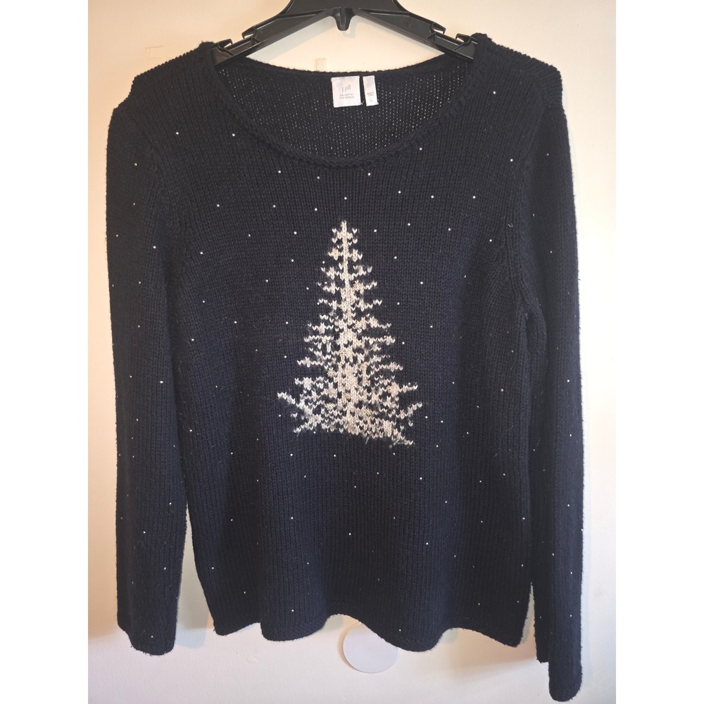 J. Jill Navy Blue Wool Blend Christmas Tree Rhinestone Holiday Sweater Sz Large